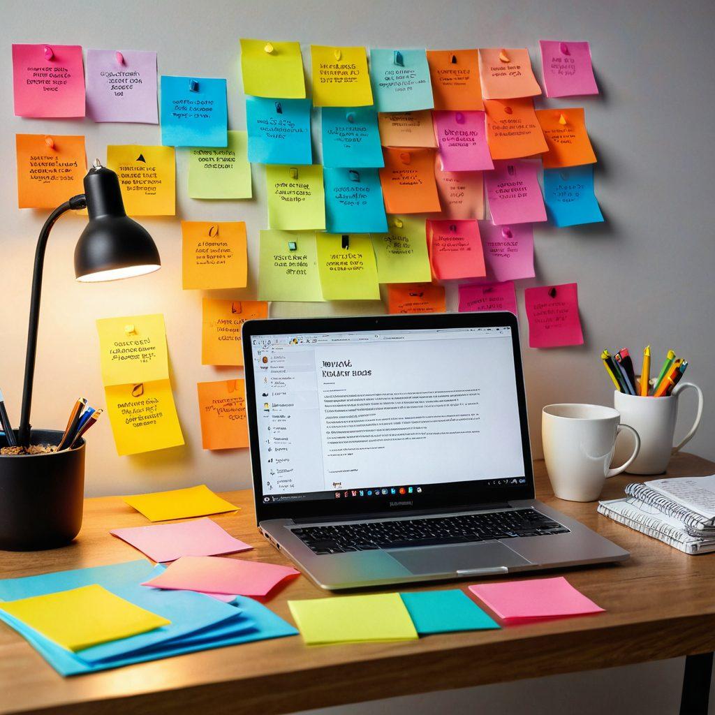 A dynamic workspace featuring a laptop with an engaging online article on the screen, surrounded by colorful sticky notes with impactful strategies illustrated, coffee cup steaming in the background, and a light bulb glowing above symbolizing ideas. Vibrant colors. modern minimalistic style.
