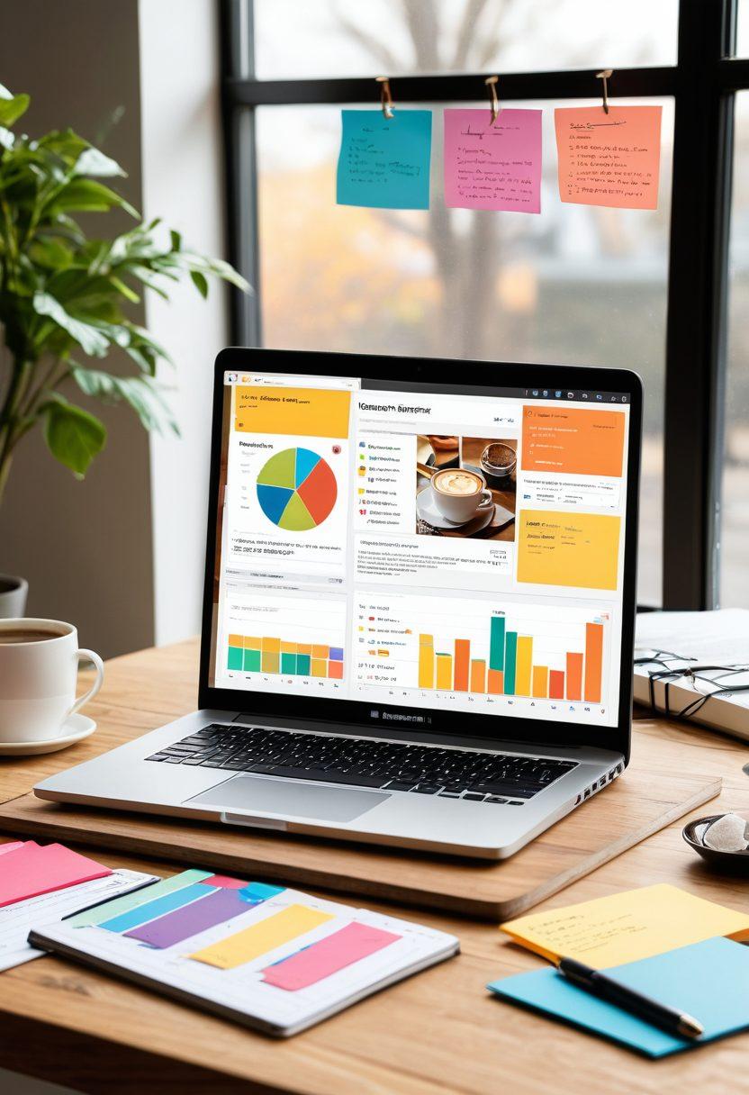 A laptop with an open blog site featuring analytics graphs and SEO metrics displayed on the screen. Surround the laptop with colorful sticky notes showing SEO tips like 'Keyword Research', 'Backlinks', and 'Meta Tags'. Add a bright desk setting with a coffee cup and a notepad. Incorporate a sunlit window in the background, symbolizing visibility and growth. vibrant colors. super-realistic.