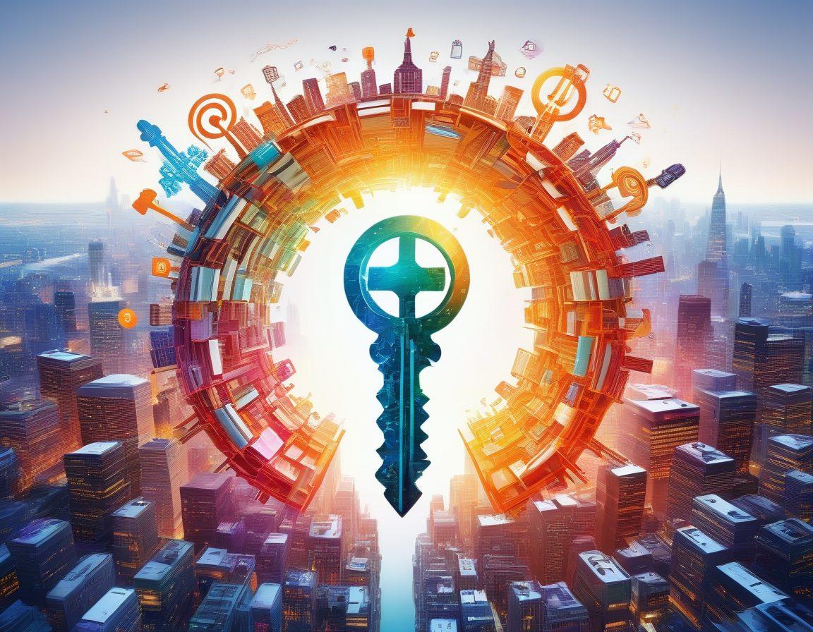 An abstract representation of a key unlocking a massive glowing blogosphere filled with colorful, floating blog icons and digital elements. In the background, a vibrant cityscape symbolizing digital success and innovation, intertwined with pages and notes of blogging strategies. The image should evoke a sense of discovery and creativity, inviting viewers to explore the world of blogging. super-realistic. vibrant colors. white background.
